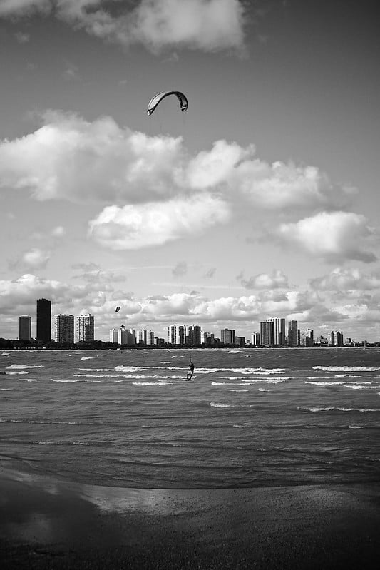 Black and white Chicago kiteboarding